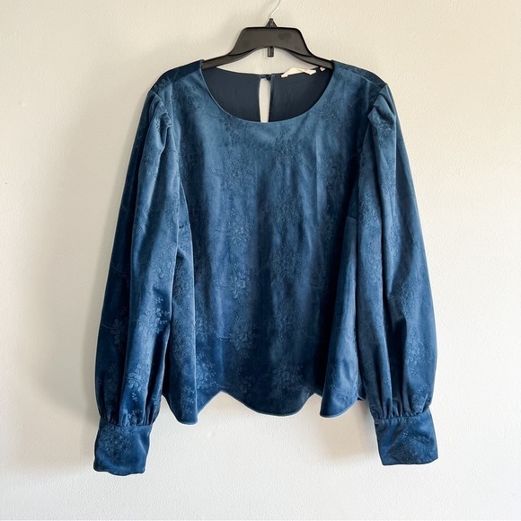 Soft Surroundings Blue Corinthia Velvet Floral Long Sleeve Scalloped Blouse XL - Picture 2 of 9